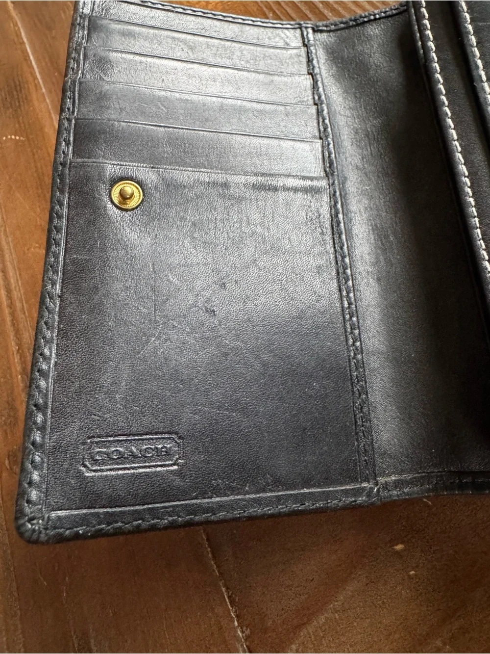 Vintage Coach Black Leather Signature Embossed Trifold Long Wallet